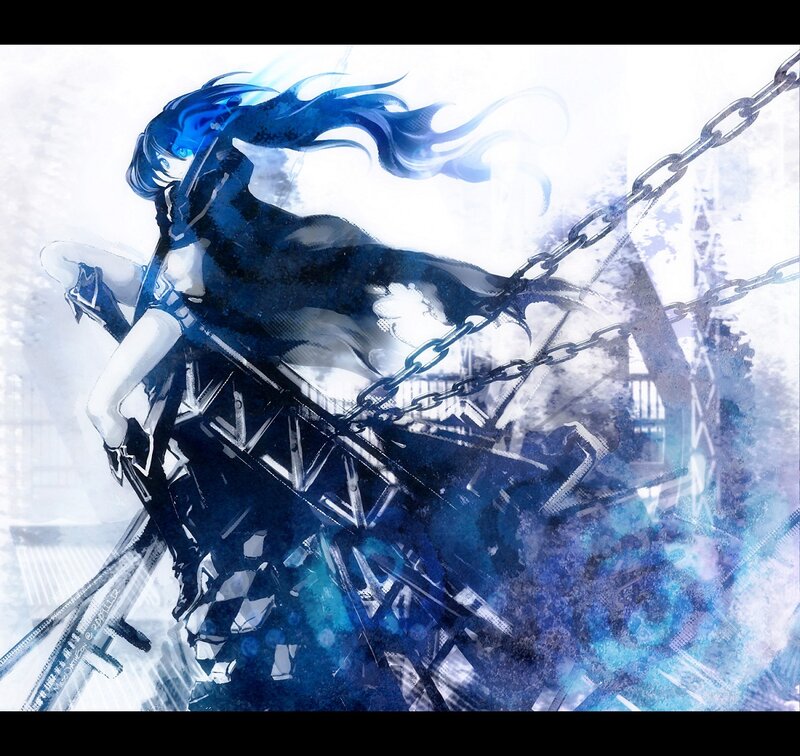 Blue-haired Anime Character — Blue, Dramatic, Digital Art, Chains, Cityscape