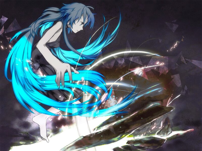 Blue-haired Anime Character — Blue, Dramatic, Digital Art, Long Hair, Dark Background