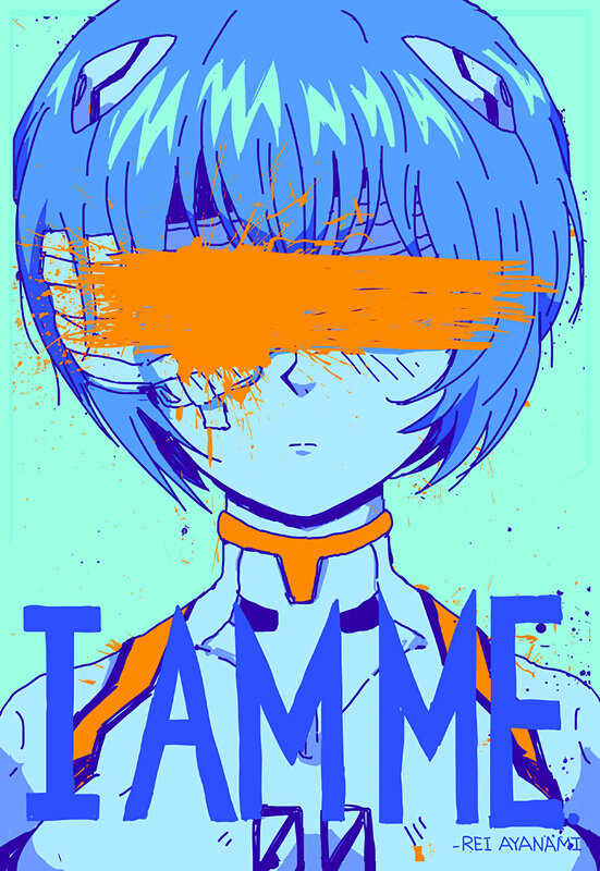 Blue-haired Anime Character — Blue, Dramatic, Digital Art, Orange Splatter