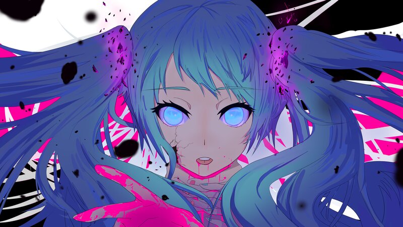 Blue-haired Anime Character — Blue, Dramatic, Intense, Digital Art, Cracked Face