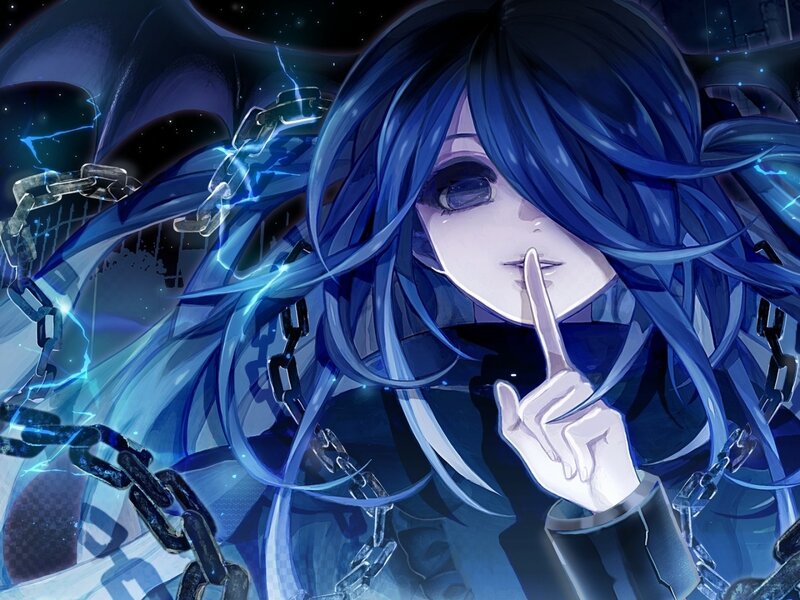 Blue-haired Anime Character — Blue, Dramatic, Night, Chains, Lightning, Hand Gesture