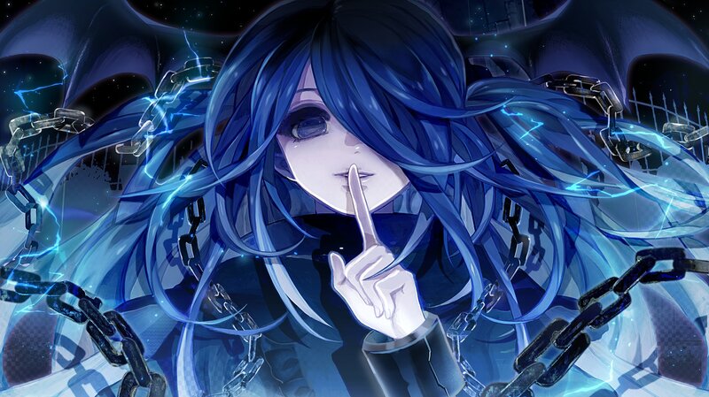 Blue-haired Anime Character — Blue, Dramatic, Night, Digital Art, Chains, Lightning