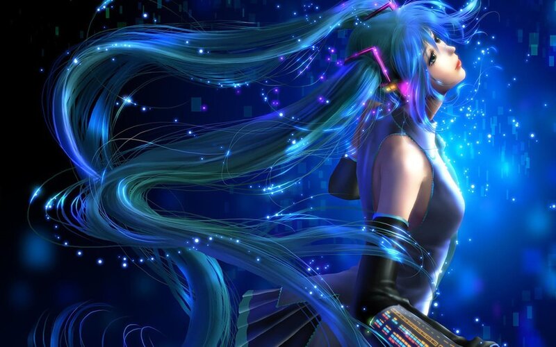 Blue-haired Anime Character — Blue, Dramatic, Night, Digital Art, Long Hair, Glowing Particles, Digital Background