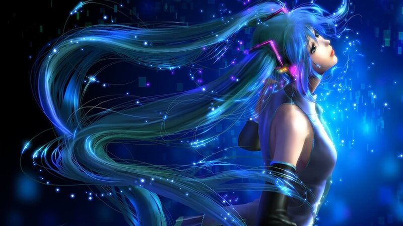 Blue-haired Anime Character — Blue, Dramatic, Night, Digital Art, Long Hair
