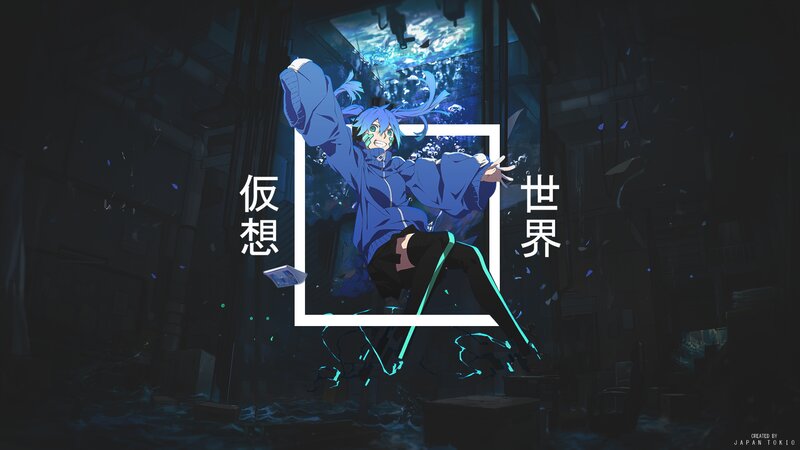 Blue-haired Anime Character — Blue, Dramatic, Night, Digital Art, Text