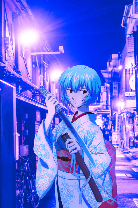 Blue-haired Anime Character — Blue, Dramatic, Night, Kimono