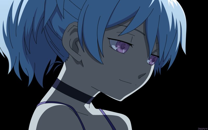 Blue-haired Anime Character — Blue, Dramatic, Purple Eyes, Choker