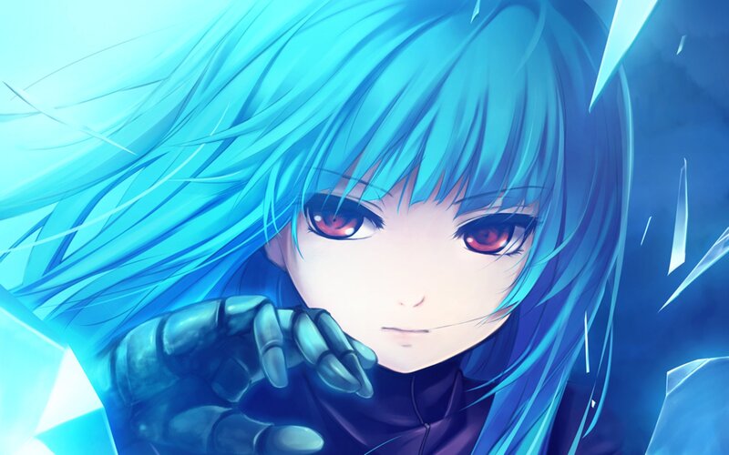 Blue-haired Anime Character — Blue, Dramatic, Red Eyes, Gloved Hand, Crystal Shards