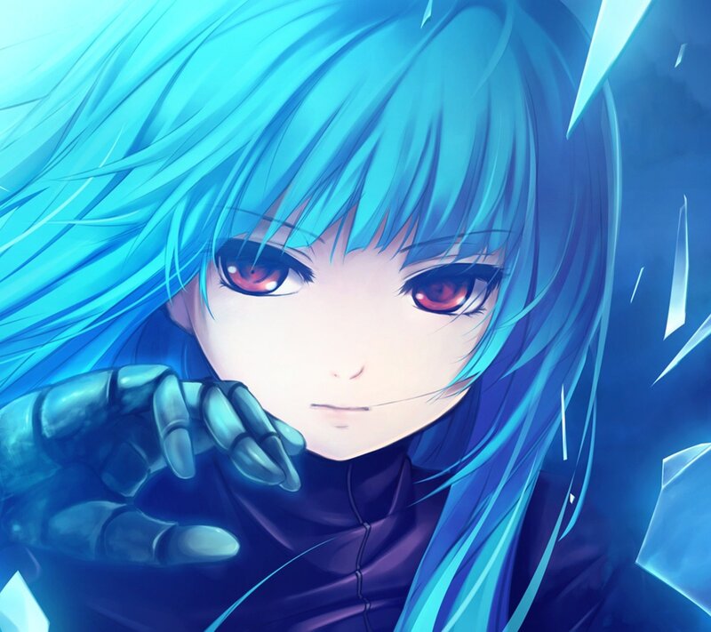Blue-haired Anime Character — Blue, Dramatic, Red Eyes, Gloved Hand