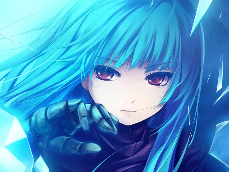 Blue-haired Anime Character — Blue, Dramatic, Red Eyes, Mechanical Hand, Crystal Shards