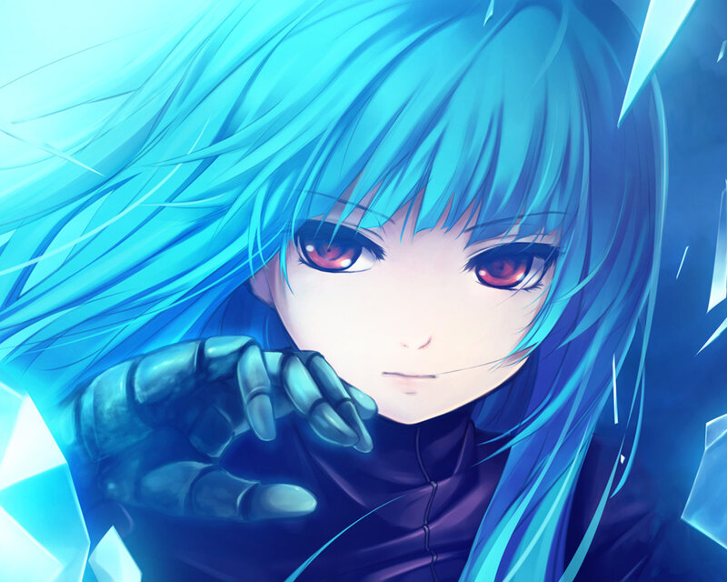 Blue-haired Anime Character — Blue, Dramatic, Red Eyes, Mechanical Hand