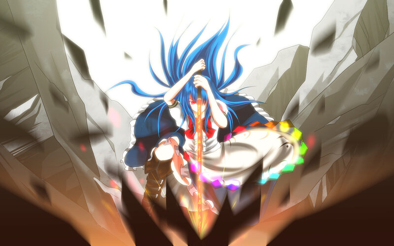 Blue-haired Anime Character — Blue, Dramatic, Sword, Rocky Cave