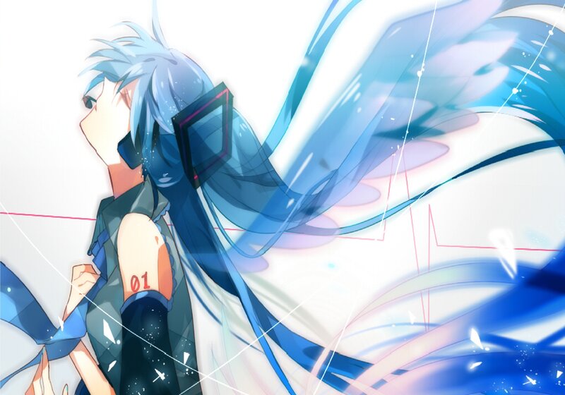 Blue-haired Anime Character — Blue, Dynamic, Digital Art, Long Hair, Headset
