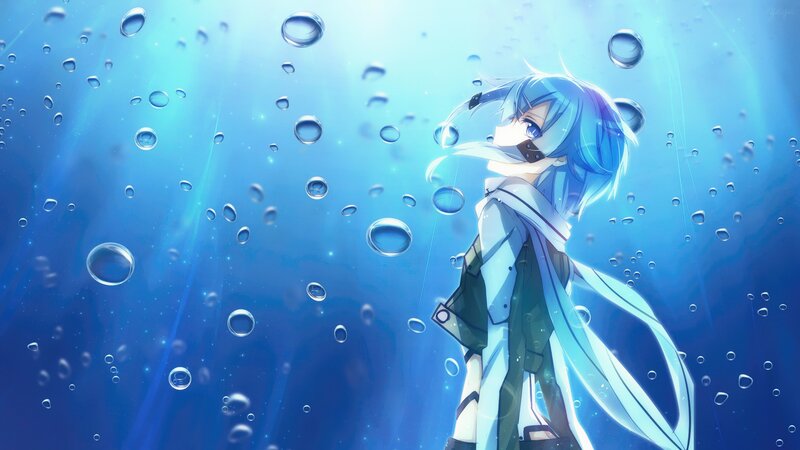 Blue-haired Anime Character — Blue, Serene, Digital Art, Bubbles