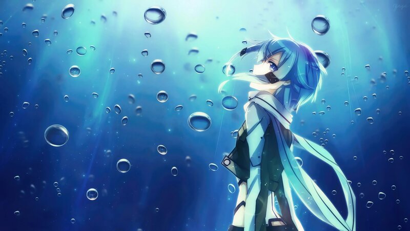 Blue-haired Anime Character — Blue, Serene, Digital Art, Bubbles, Underwater