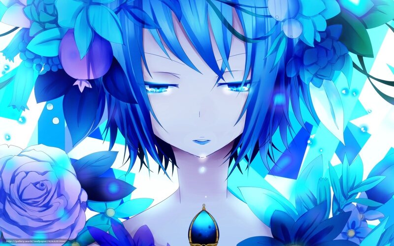 Blue-haired Anime Character — Blue, Serene, Flowers, Necklace