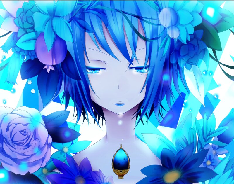 Blue-haired Anime Character — Blue, Serene, Flowers