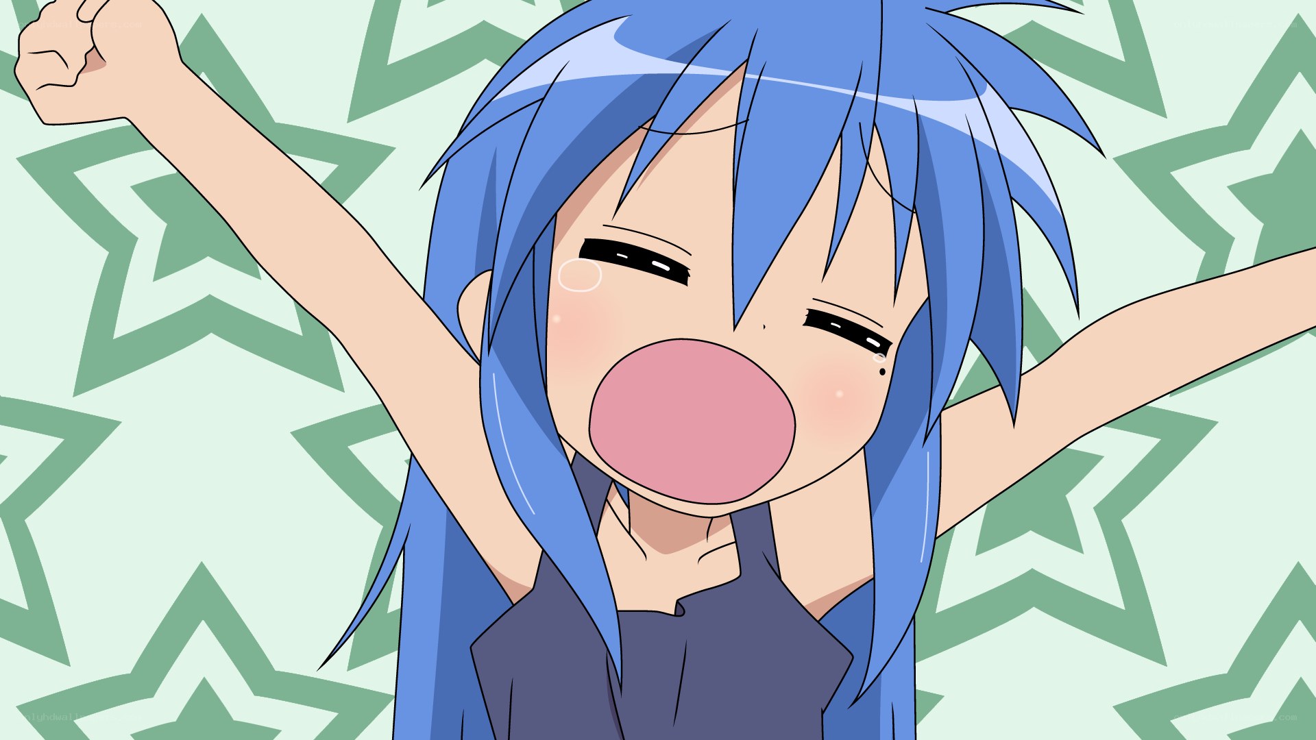 blue-haired anime character cheering