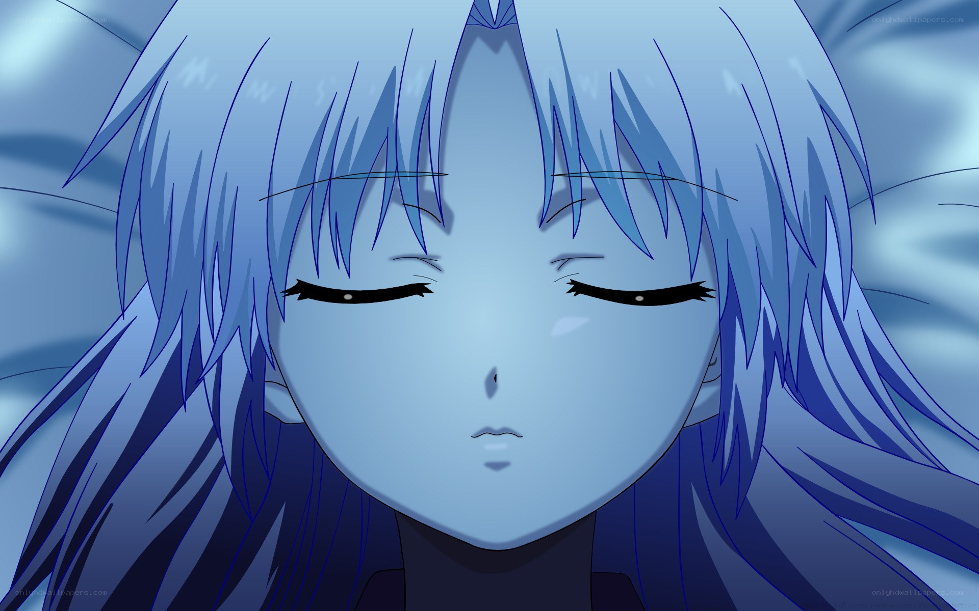 blue-haired anime character close-up