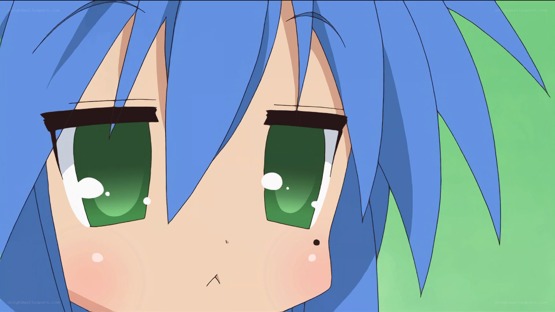 blue-haired anime character close-up