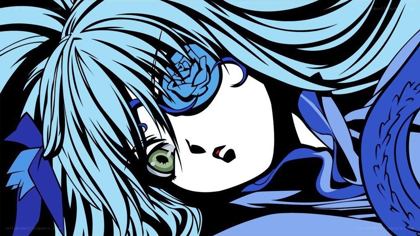 blue-haired anime character close-up