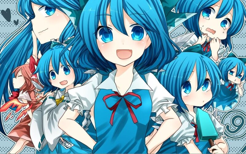 Blue-haired anime character collage