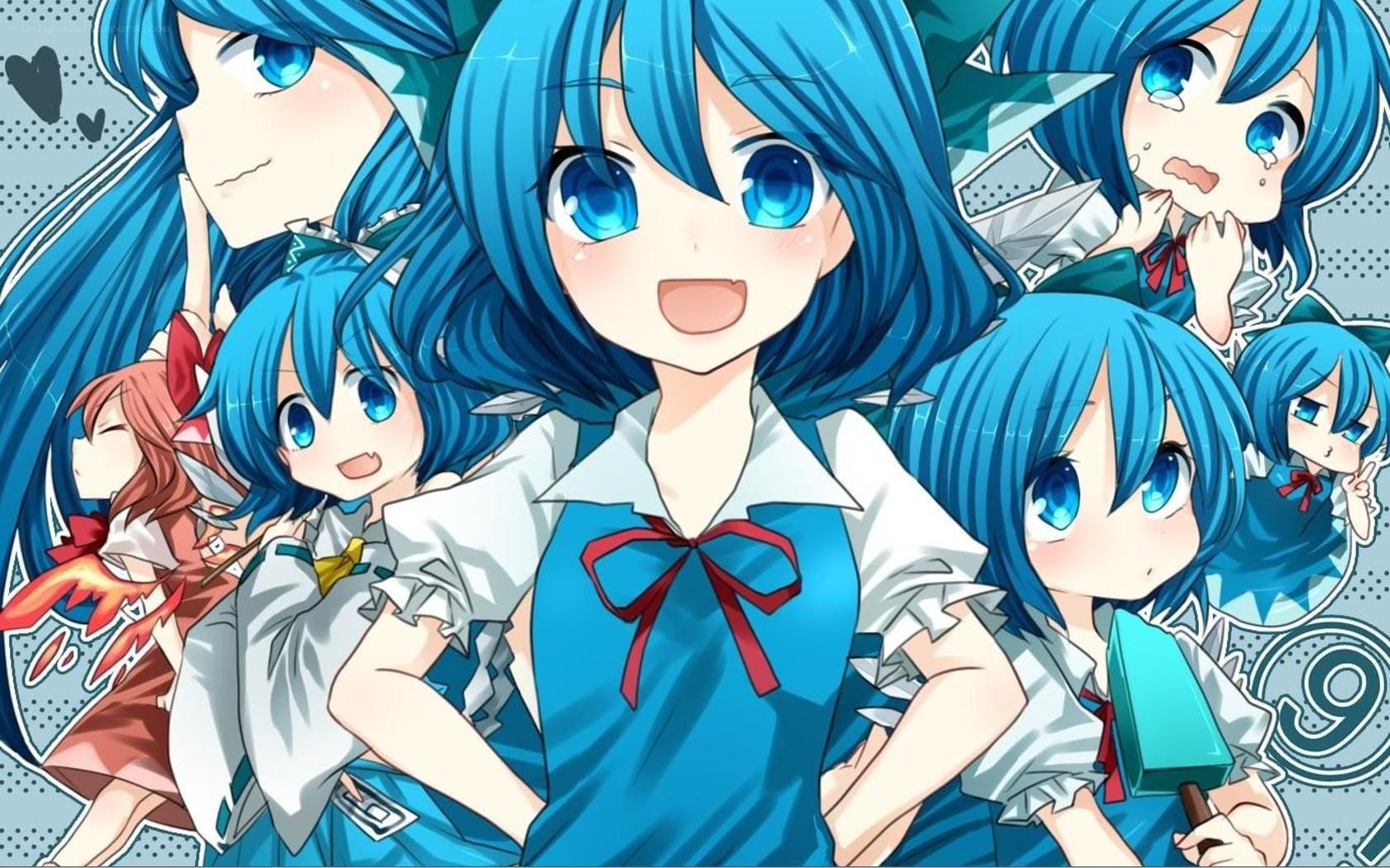 Blue-haired anime character collage