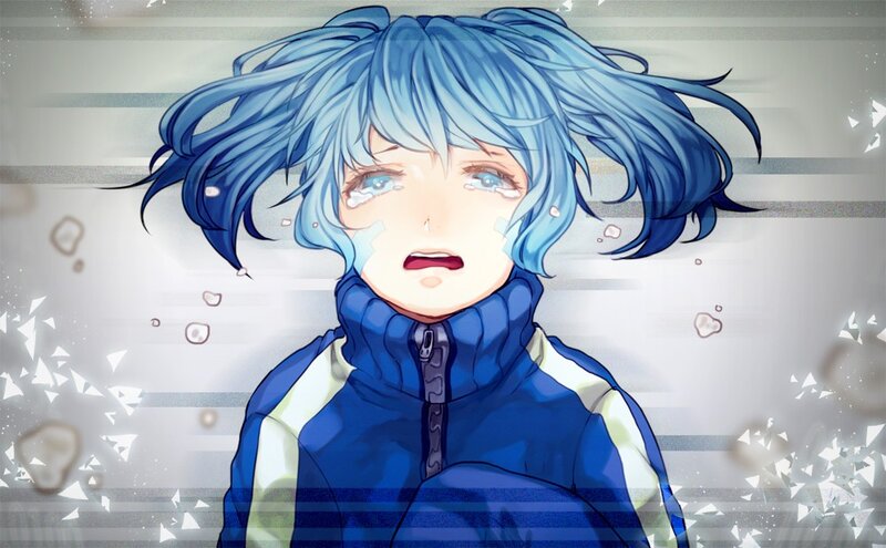 blue-haired anime character crying
