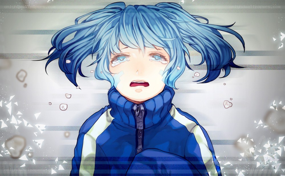 blue-haired anime character crying