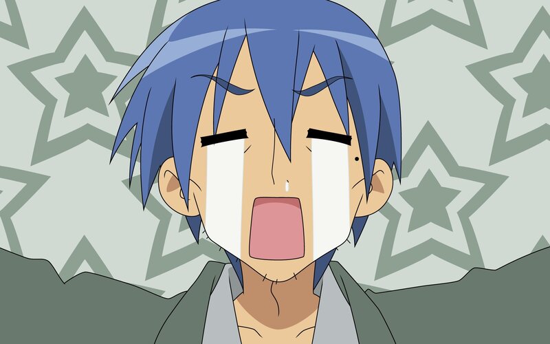 blue-haired anime character crying
