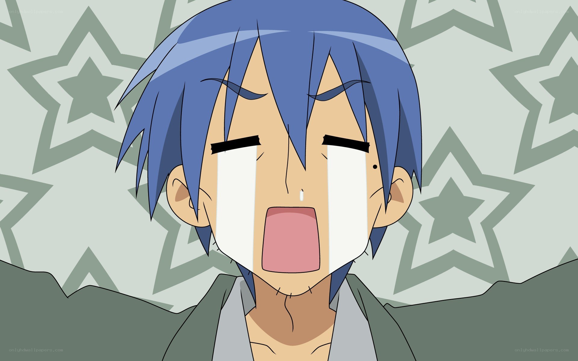blue-haired anime character crying