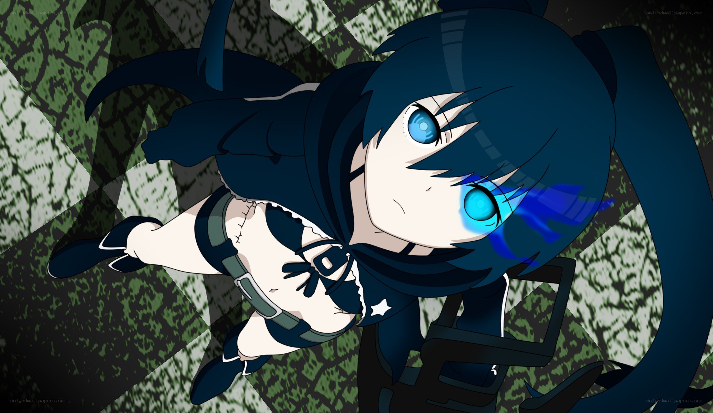 blue-haired anime character in action