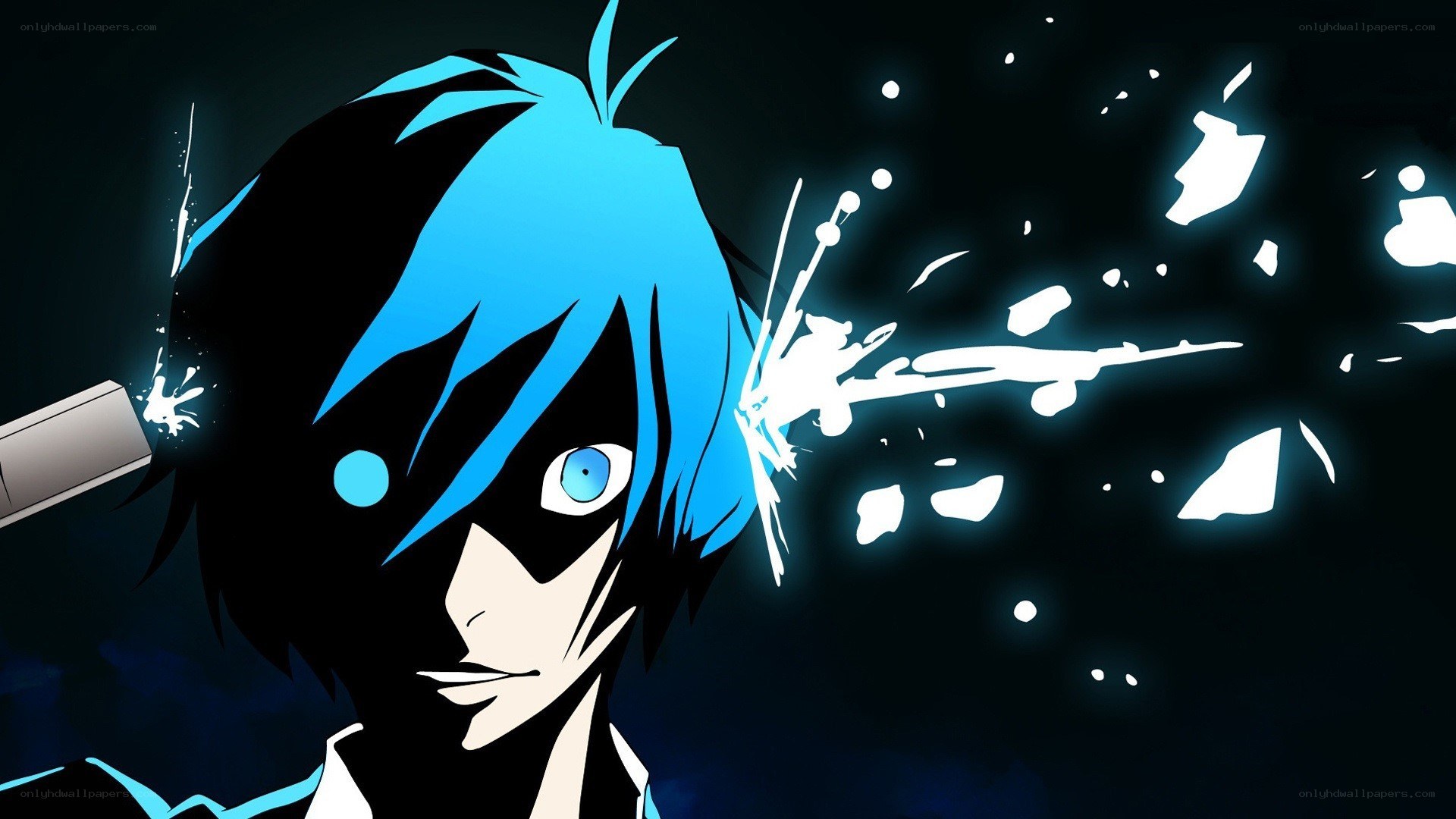 blue-haired anime character in action