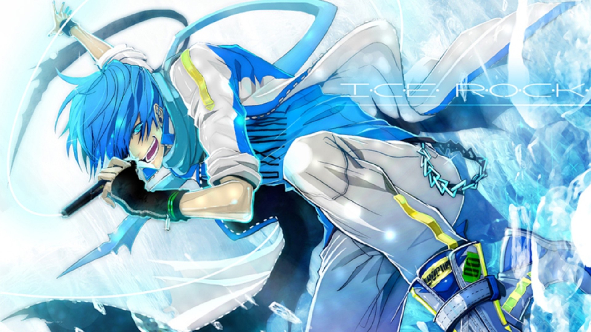 blue-haired anime character in action