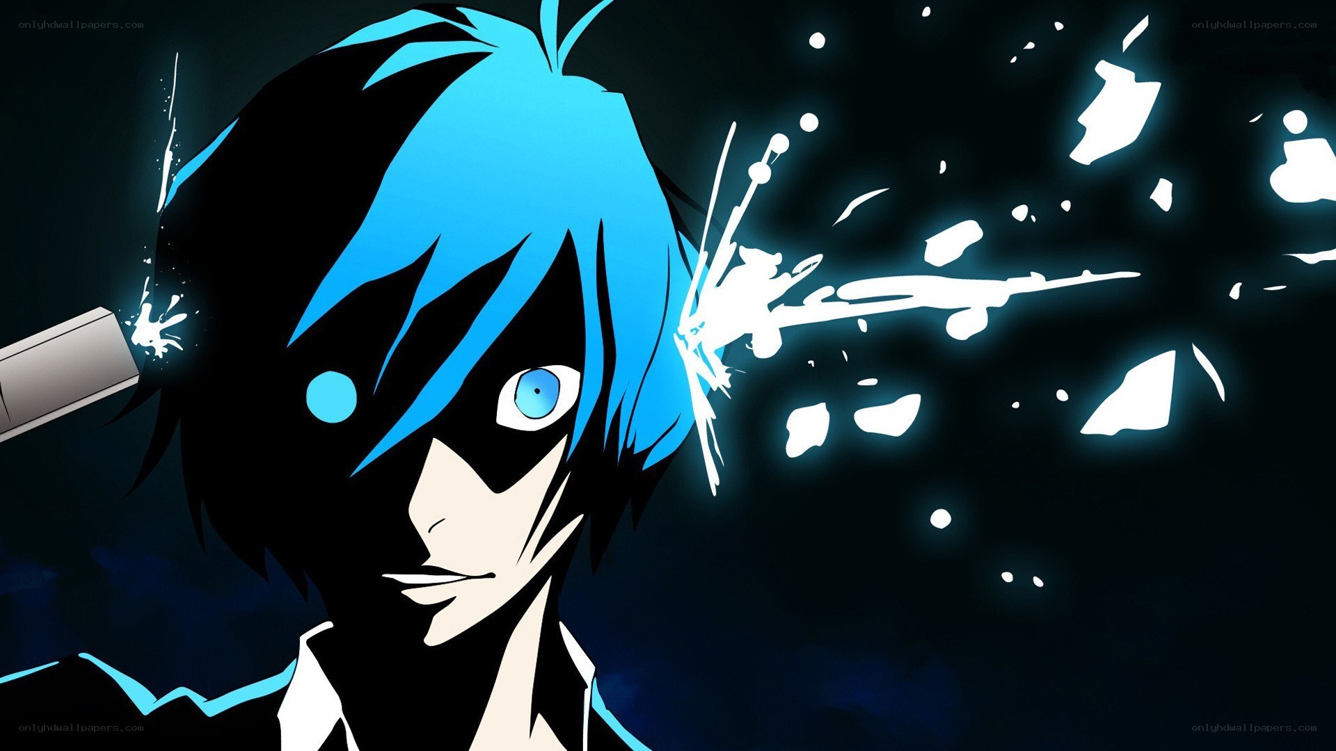 blue-haired anime character in action