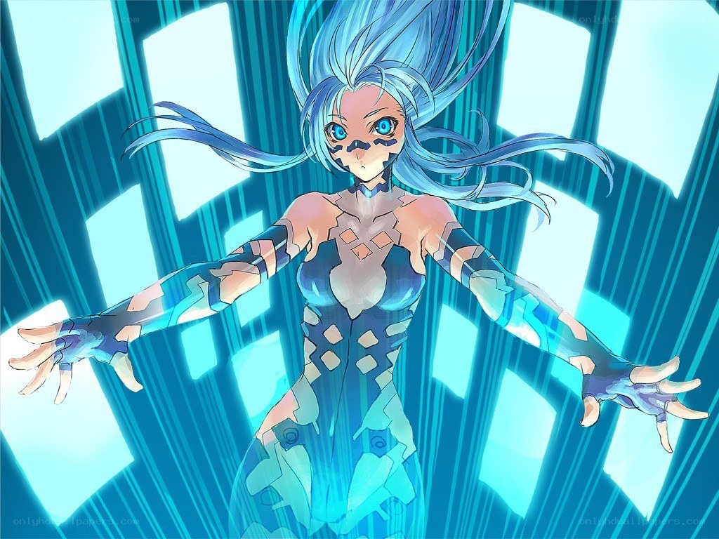 blue-haired anime character in armor