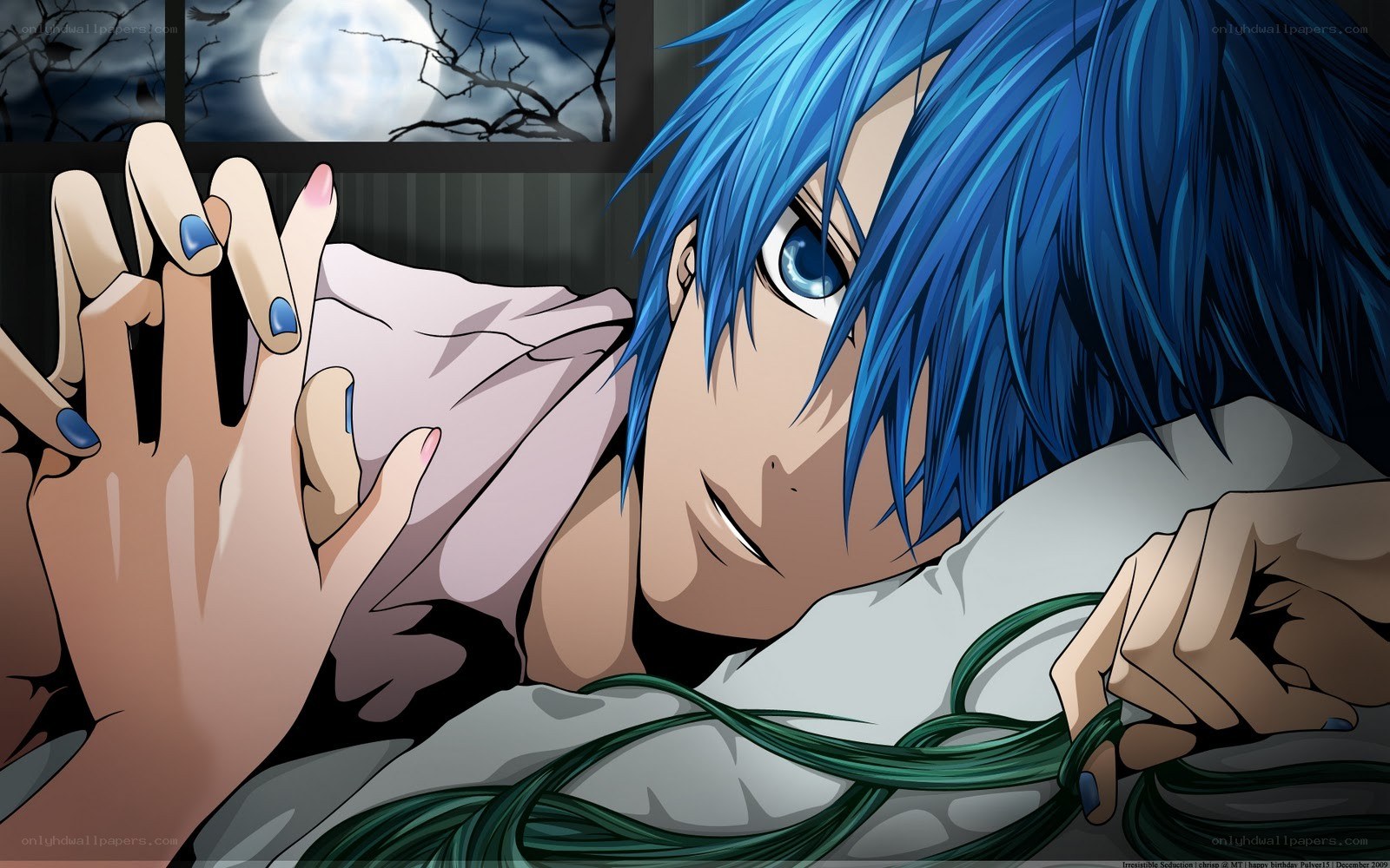 Blue-haired anime character in bed