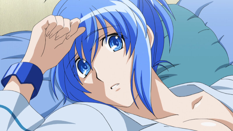 blue-haired anime character in bed