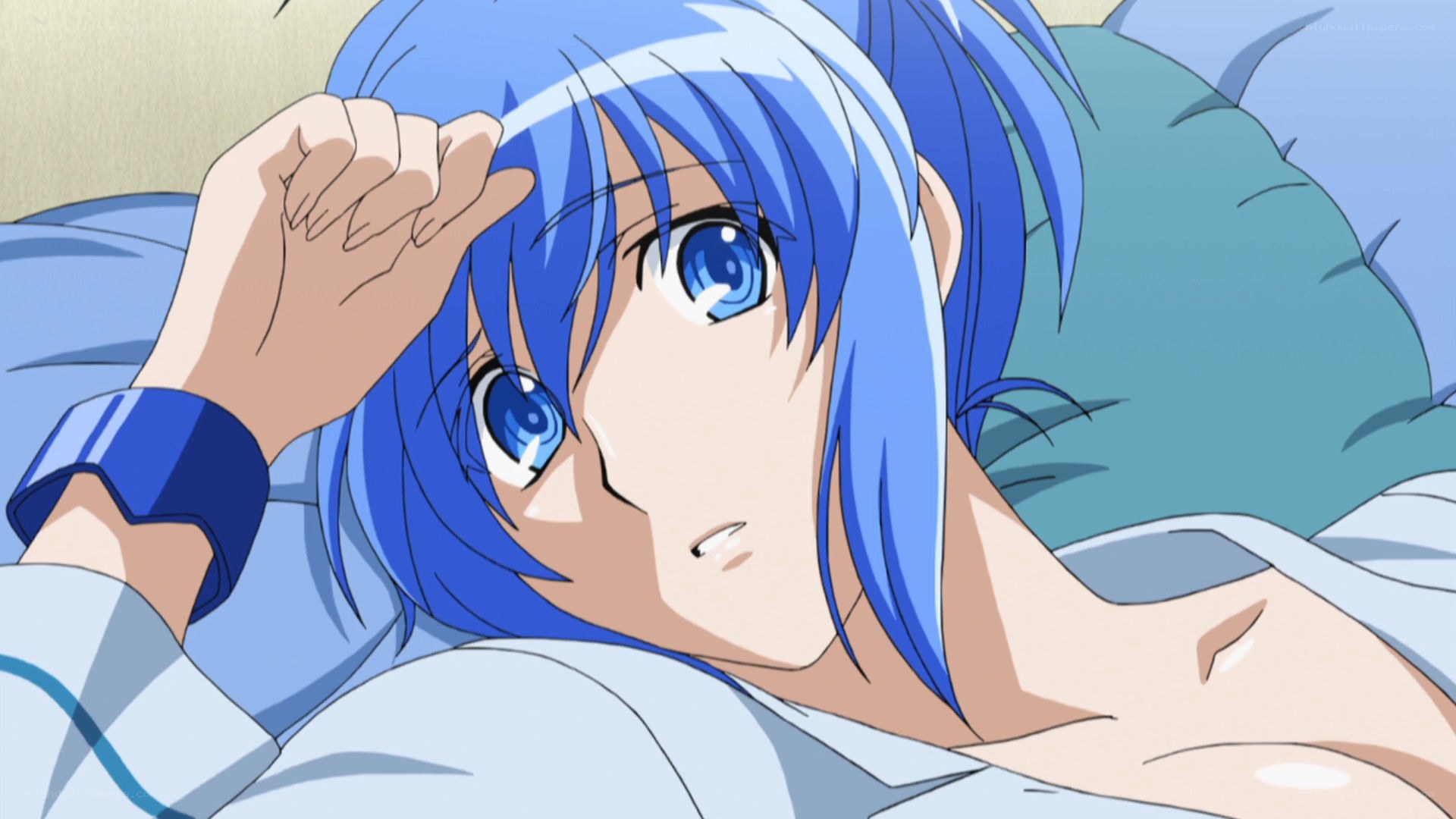 blue-haired anime character in bed