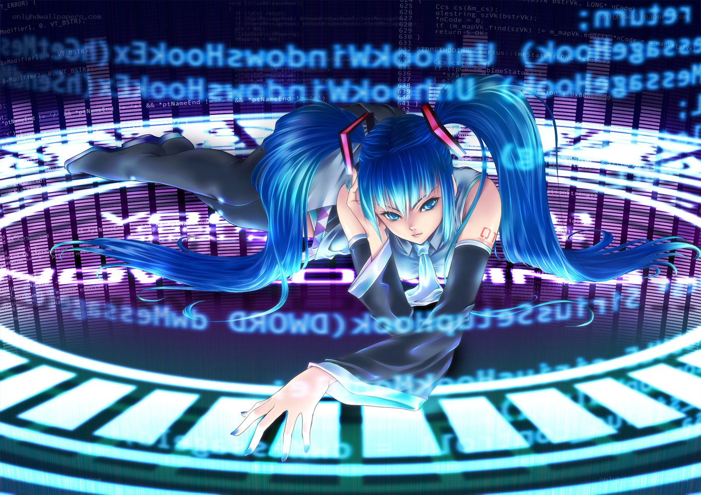 blue-haired anime character in digital space