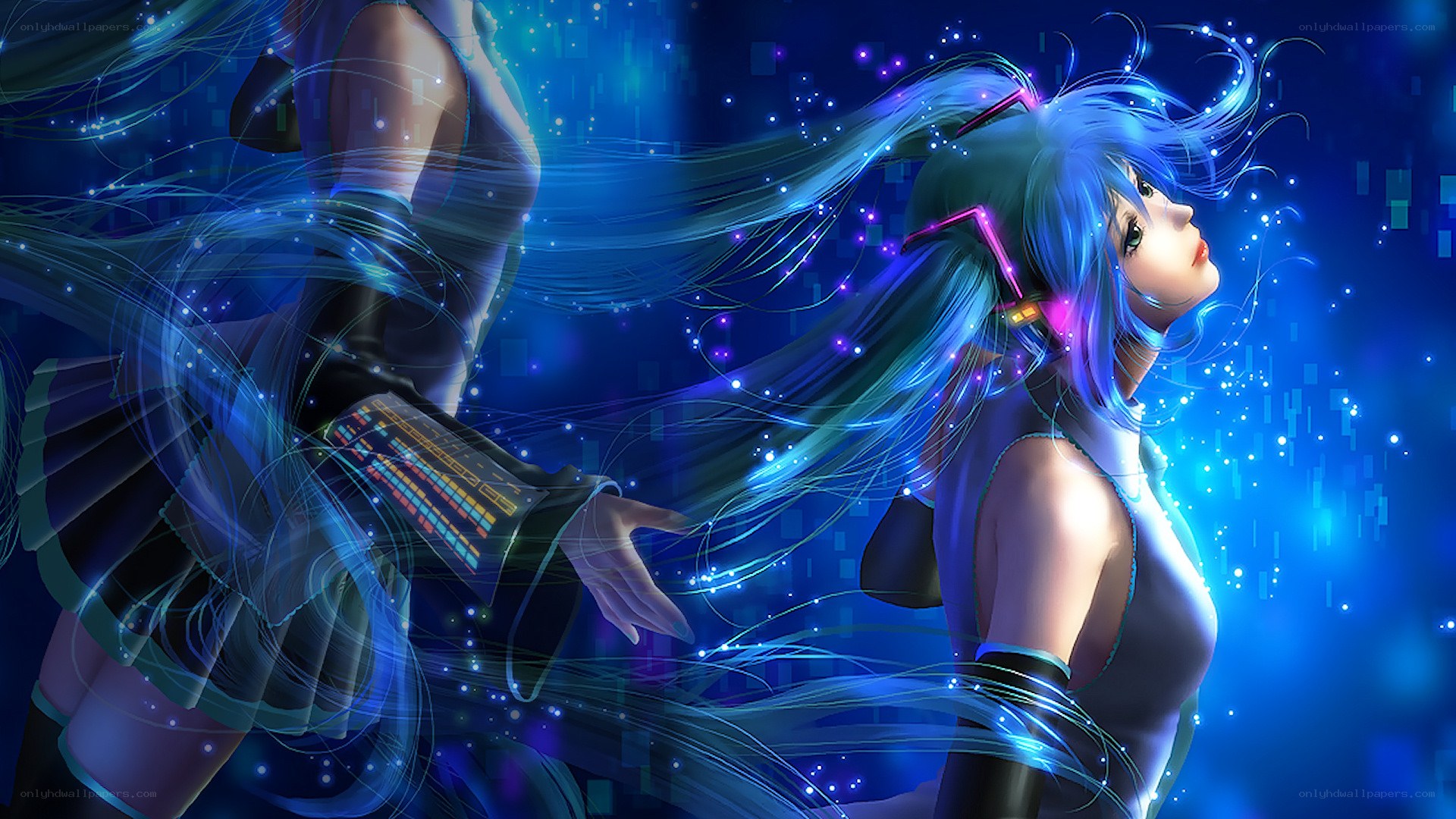 blue-haired anime character in digital space