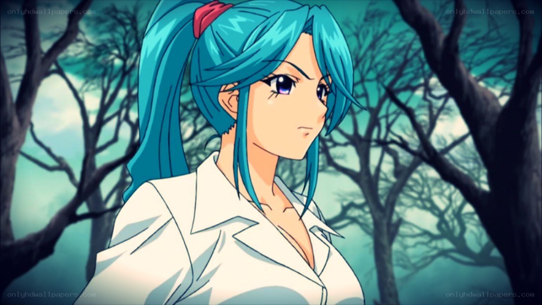 blue-haired anime character in forest