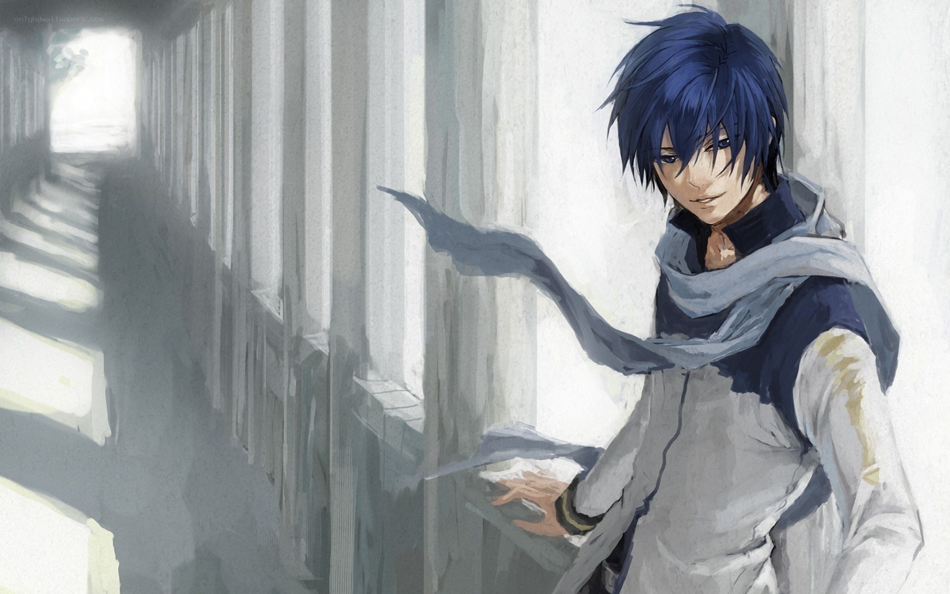 blue-haired anime character in hallway