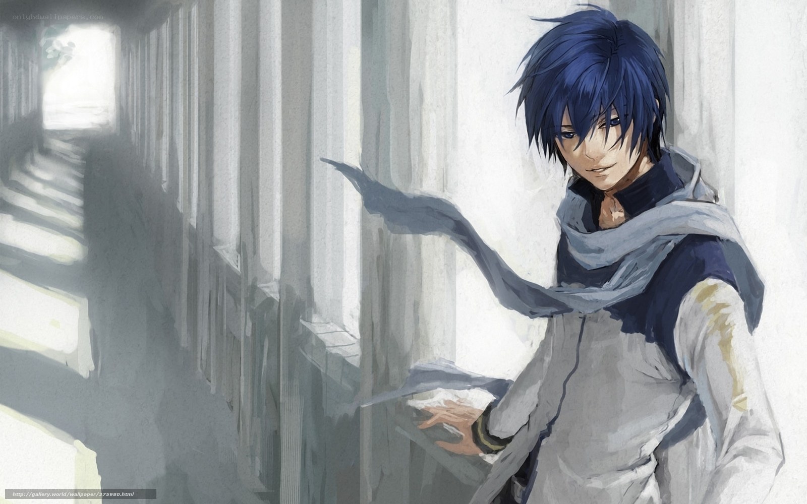 blue-haired anime character in hallway