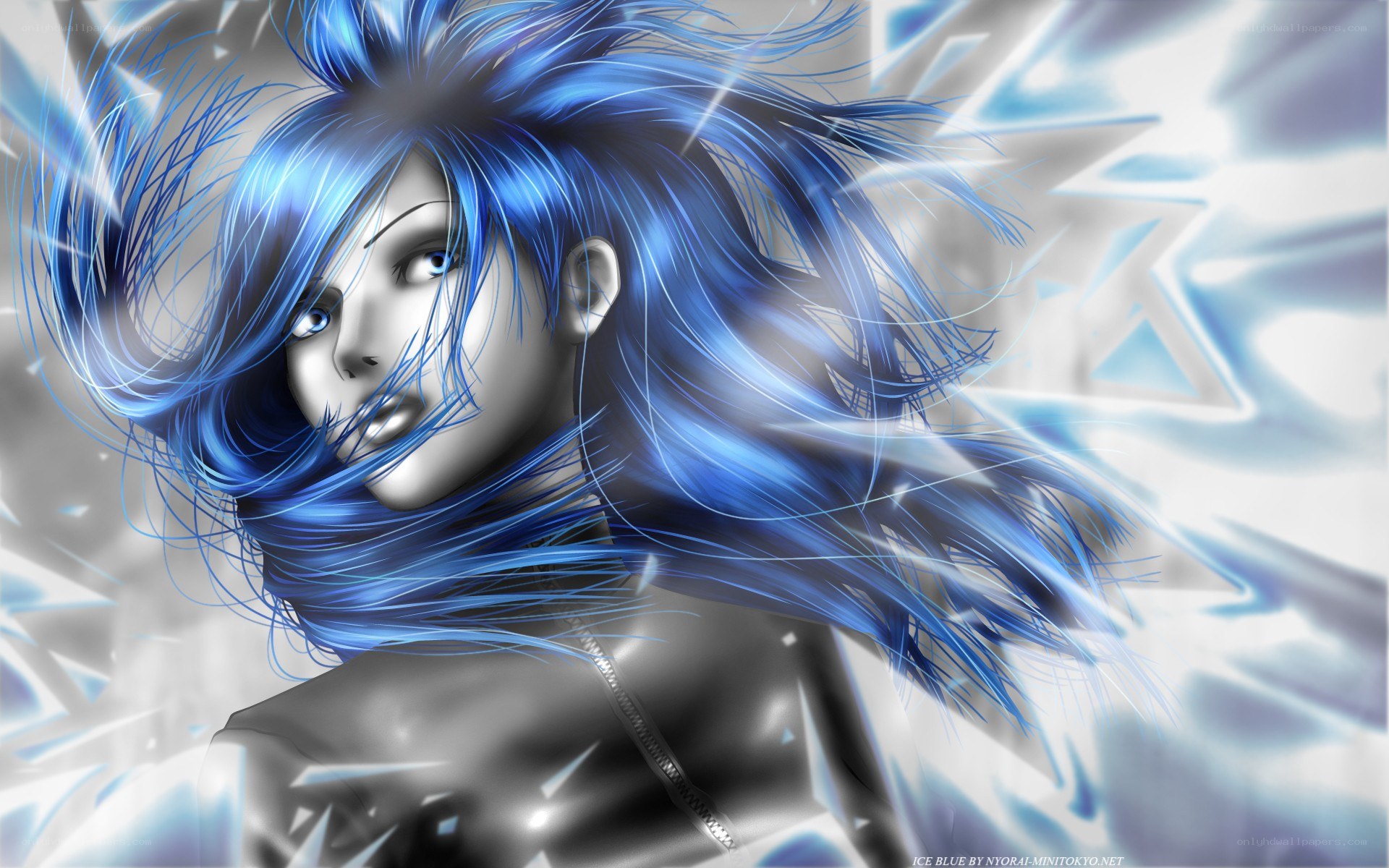 Blue-haired anime character in ice