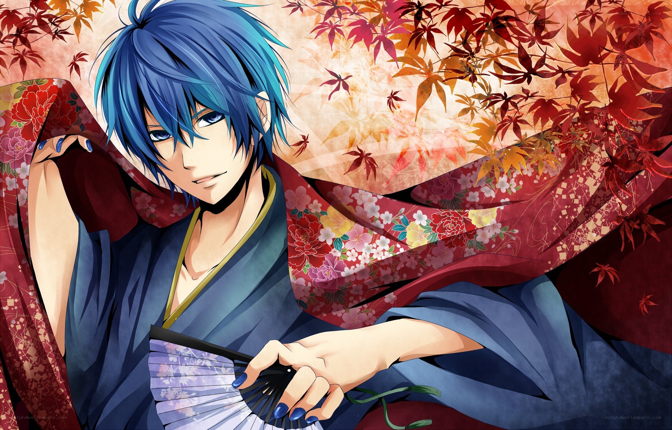 blue-haired anime character in kimono