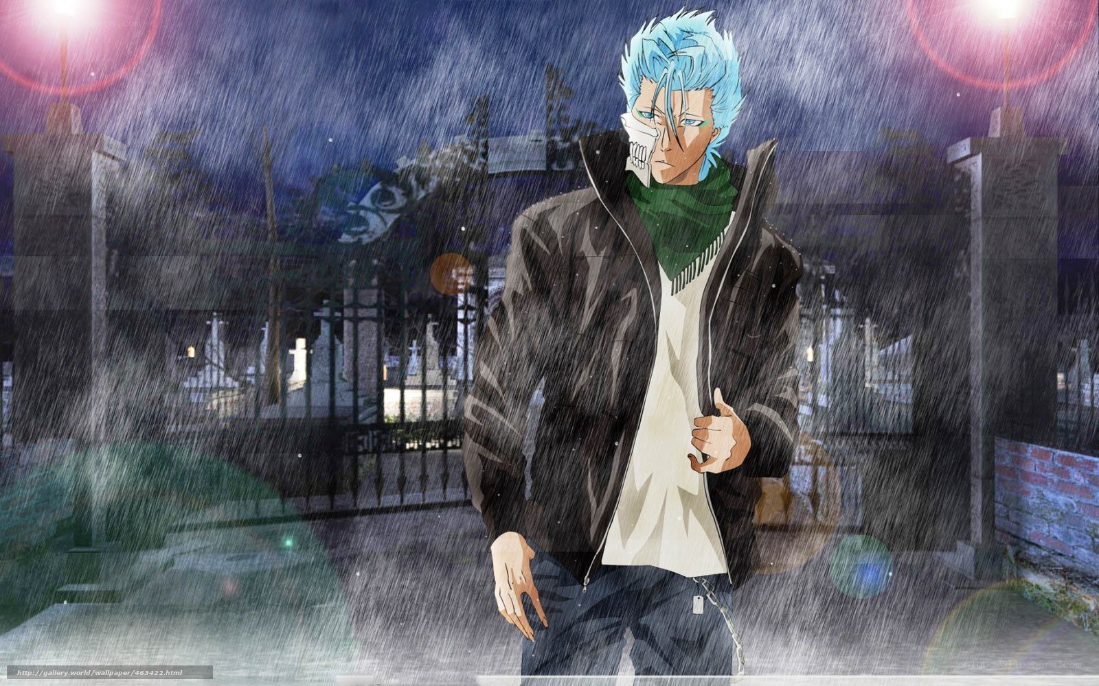Blue-haired anime character in rain