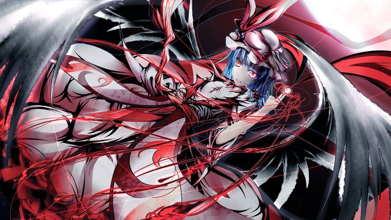 blue-haired anime character in red and black