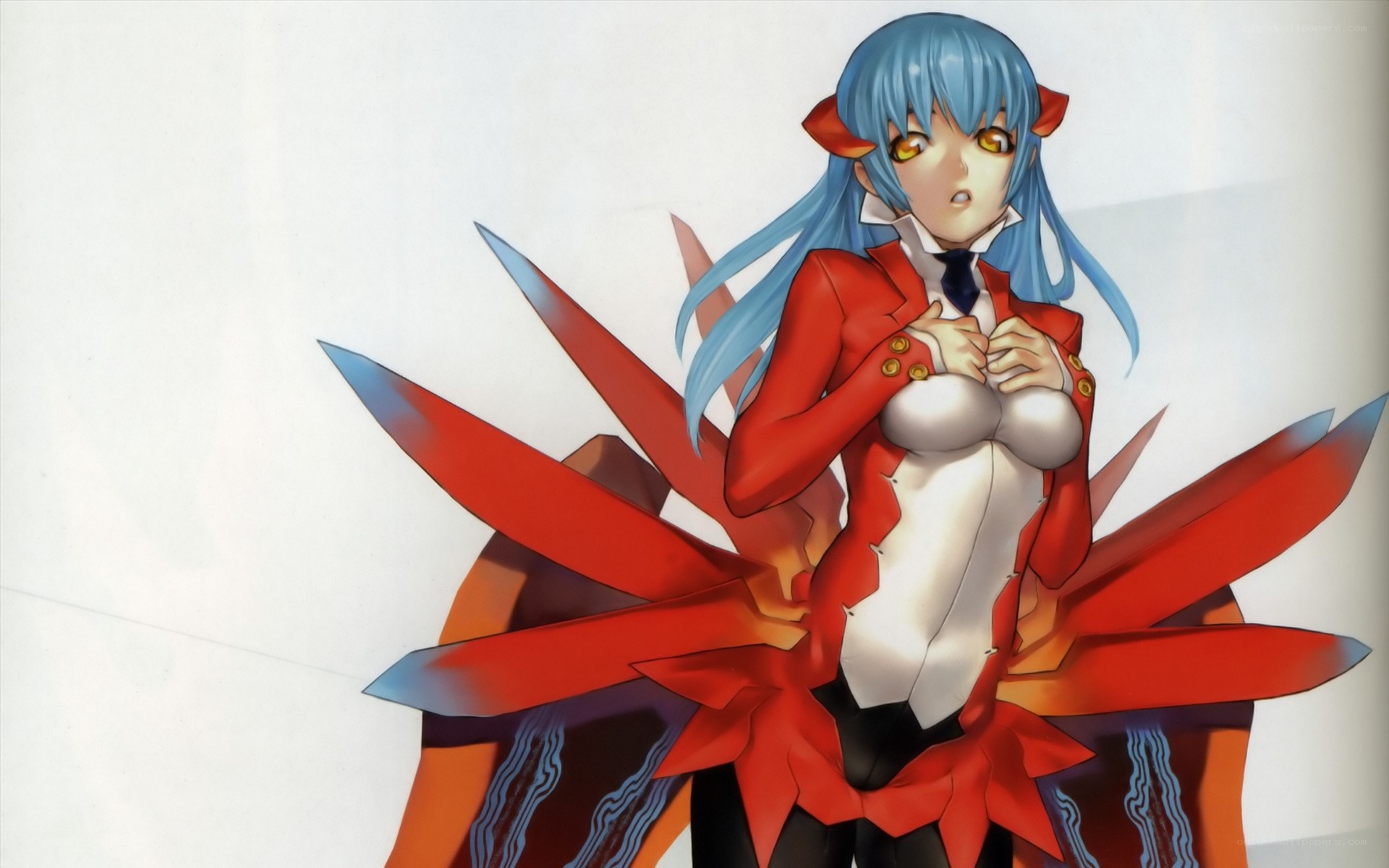 blue-haired anime character in red coat