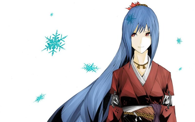 blue-haired anime character in red kimono